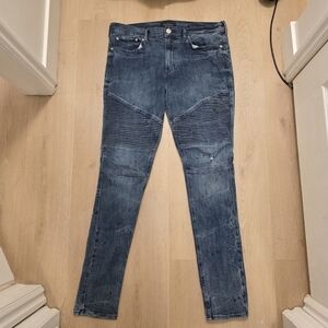 Pacsun Medium Wash Distressed Black Paint Splatter Stacked Skinny Jeans Sz 34×32